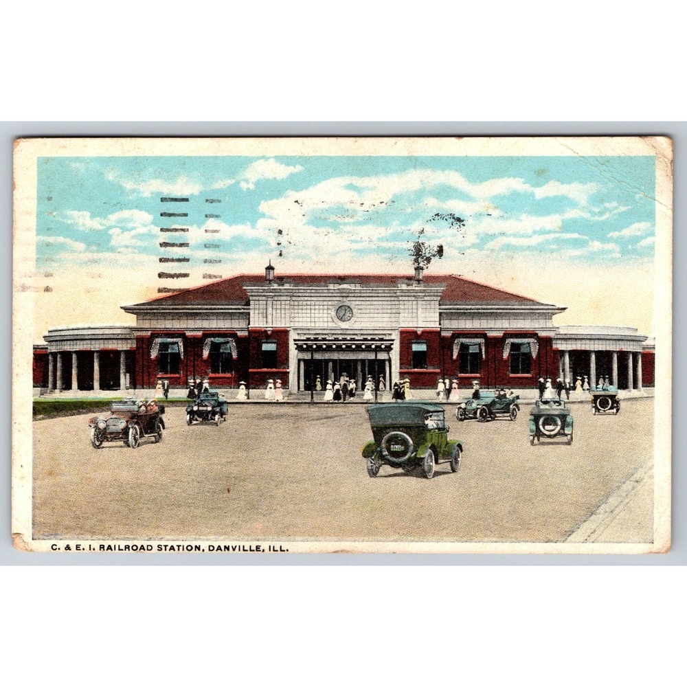C&EI Railroad Station Danville IL Postcard 1920 Vintage Cars Architecture